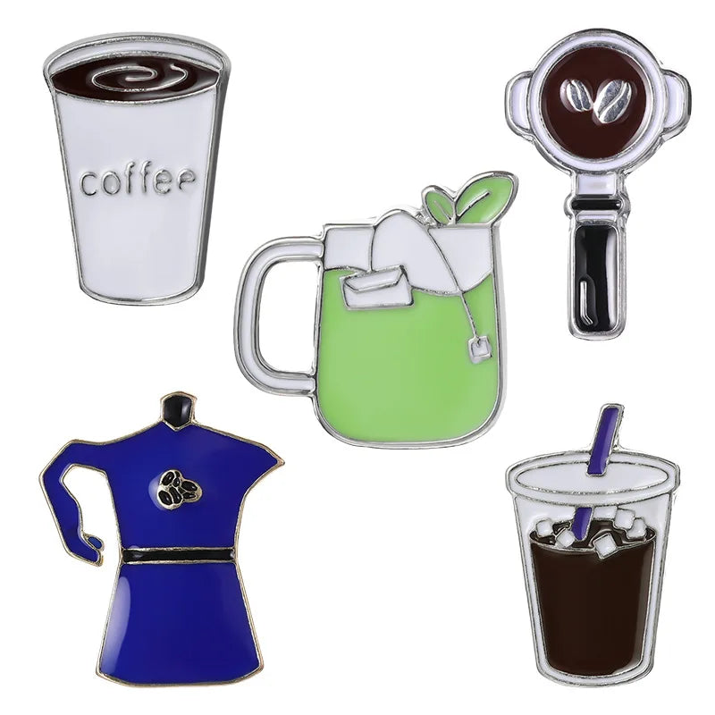 Set of coffee-themed pins including a cup, pitcher, and other items on a white background