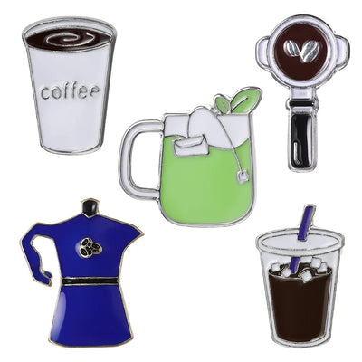 Set of coffee-themed pins including a cup, pitcher, and other items on a white background