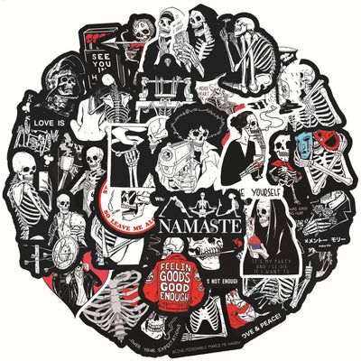 Collection of black and white stickers with various designs and text on a white background
