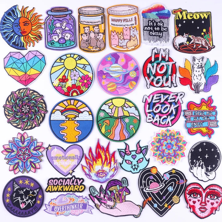 Collection of colorful stickers with various designs and text.