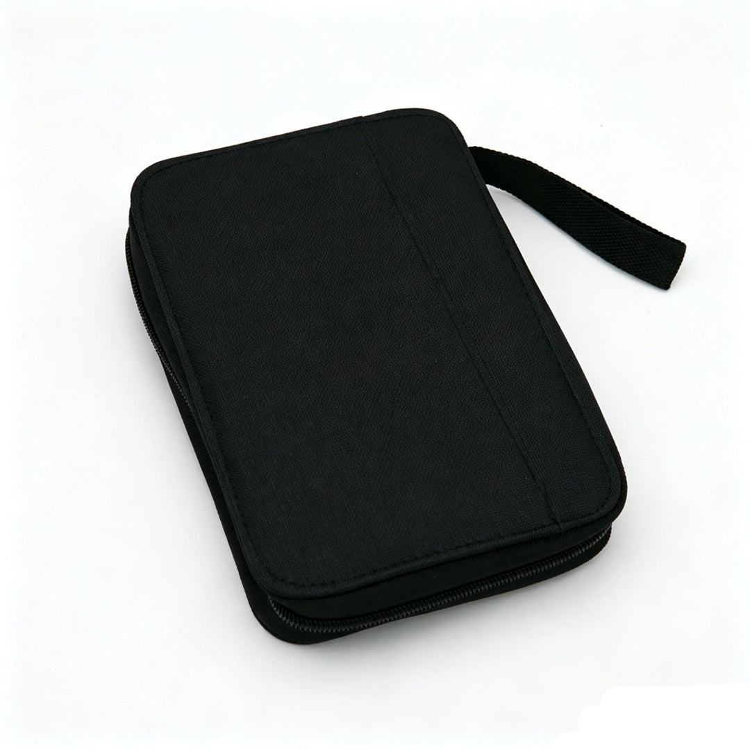 Black zippered pouch on a white background