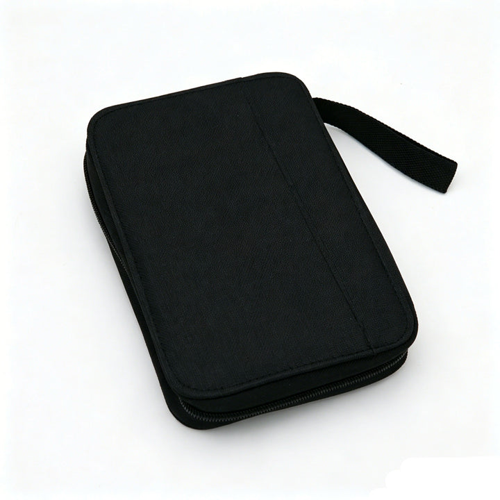 Black zippered pouch on a white background