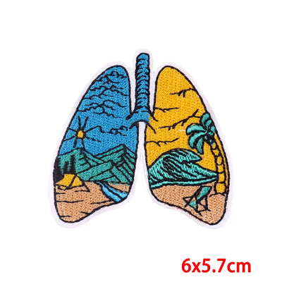Colorful patch designed like lungs with a tropical scene, size 6x5.7cm.