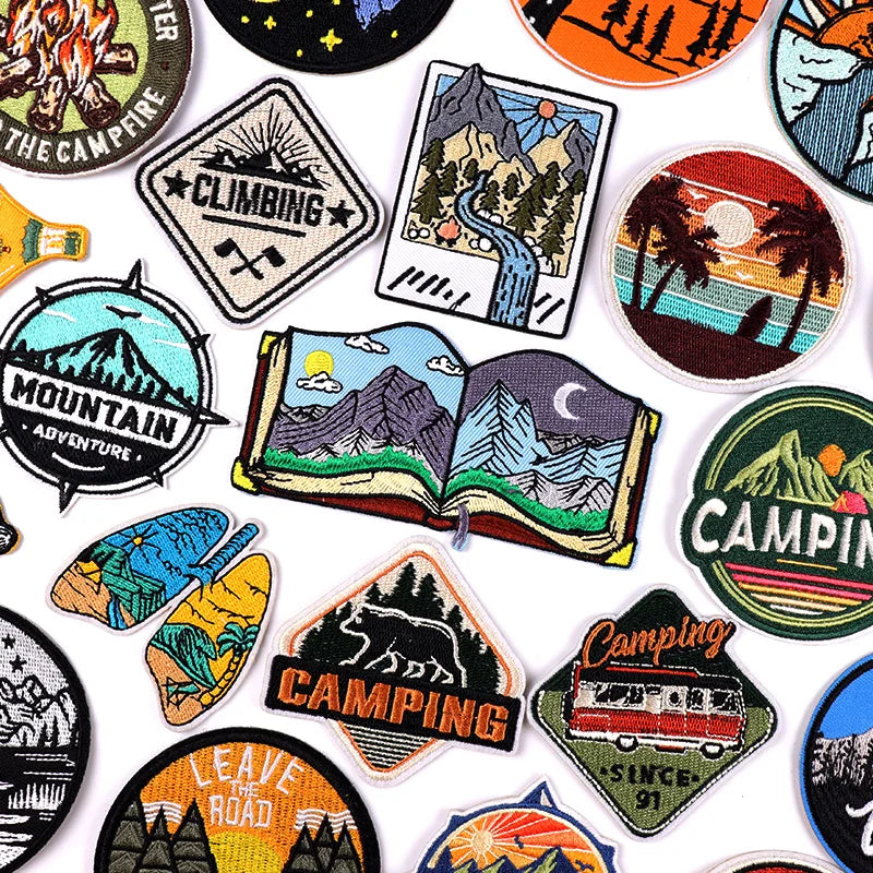 Collection of camping-themed stickers on a white background