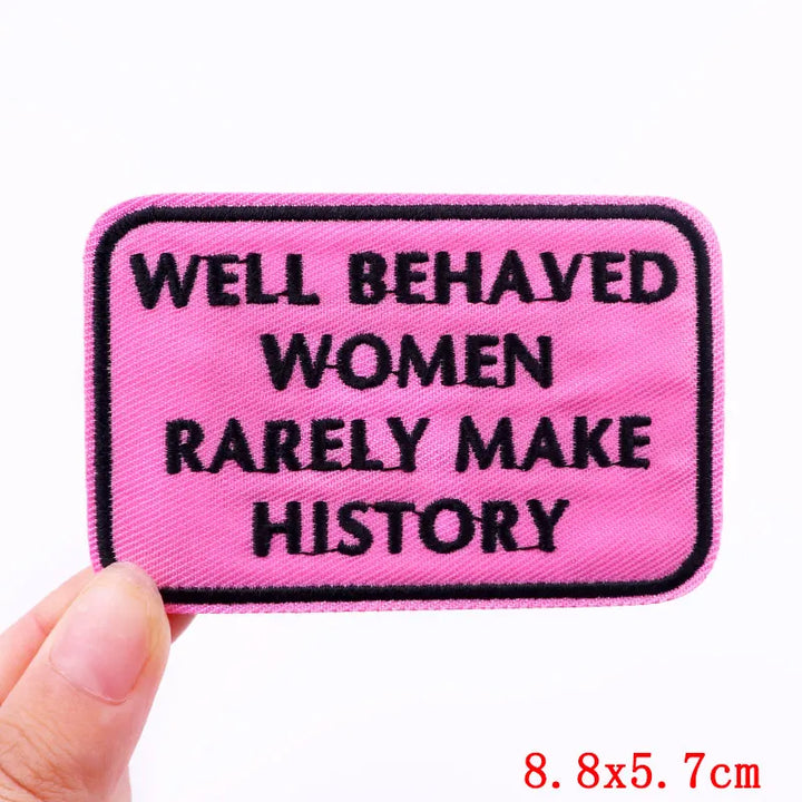Pink patch with black text &