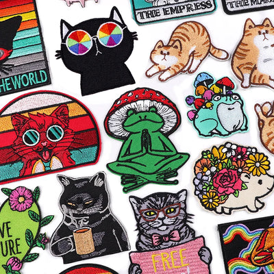 Collection of colorful patches featuring various designs on a white background