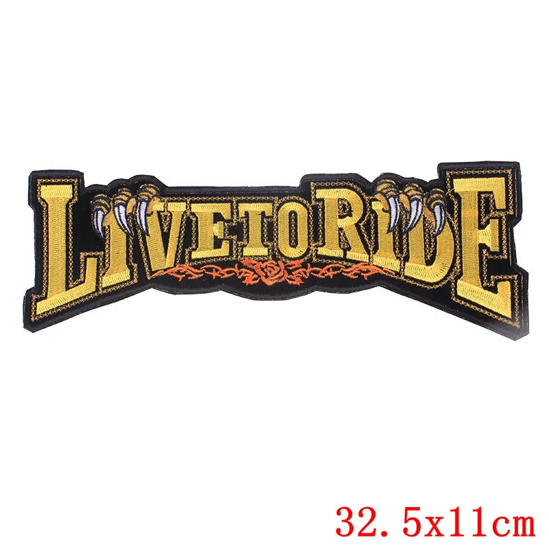 Embroidered patch with 'LIVE TO RIDE' text on a white background