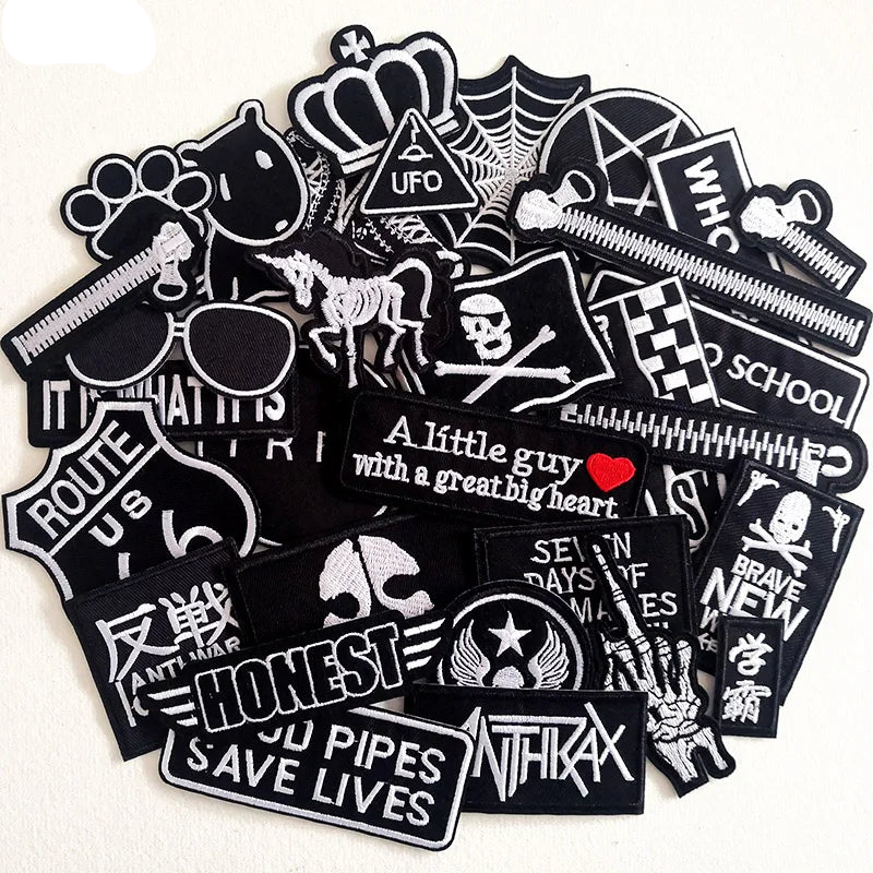 🖤30pcs Black & White Patches – Iron-On Embroidered DIY Set for Jackets, Jeans & Clothing