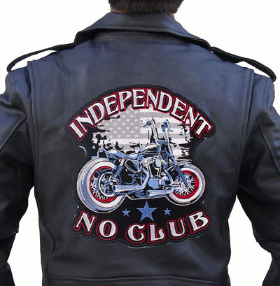 Black leather jacket with 'Independent No Club' graphic on the back