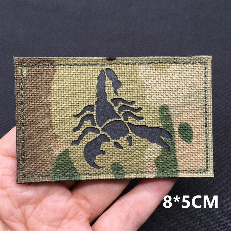 Multicam scorpion tactical hook and loop morale patch with laser cut IR reflective design 8x5cm