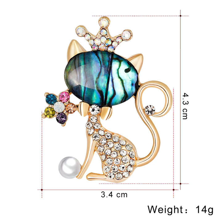 Cat-shaped brooch with gemstones and crown, shown with measurements and weight on a white background.