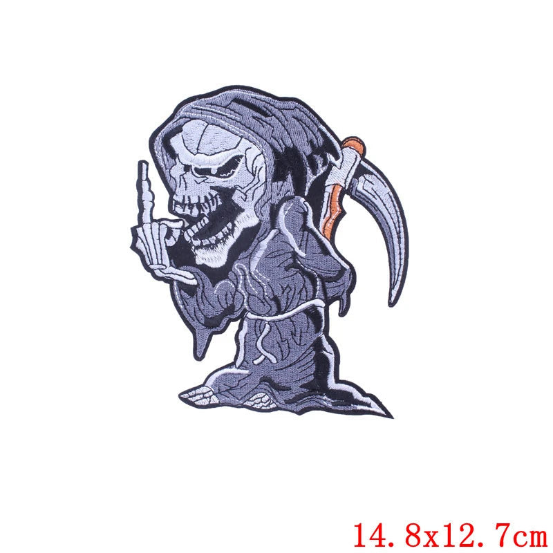 Skeleton with a middle finger and a scythe on a white background, with size 14.8x12.7cm.