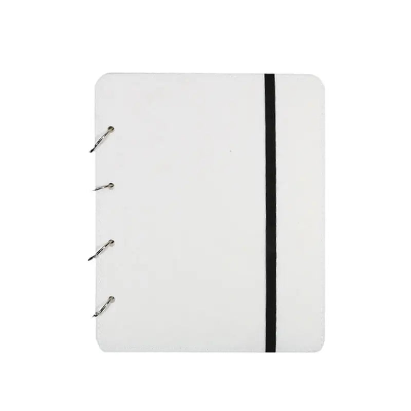 White Felt Pin &amp; Patch Display Storage Book with black strap and metal clips on a white background