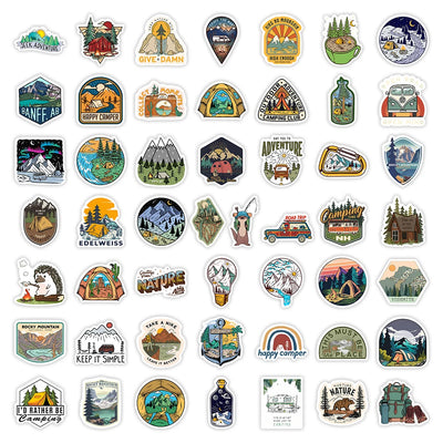 Collection of various camping-themed stickers on a white background