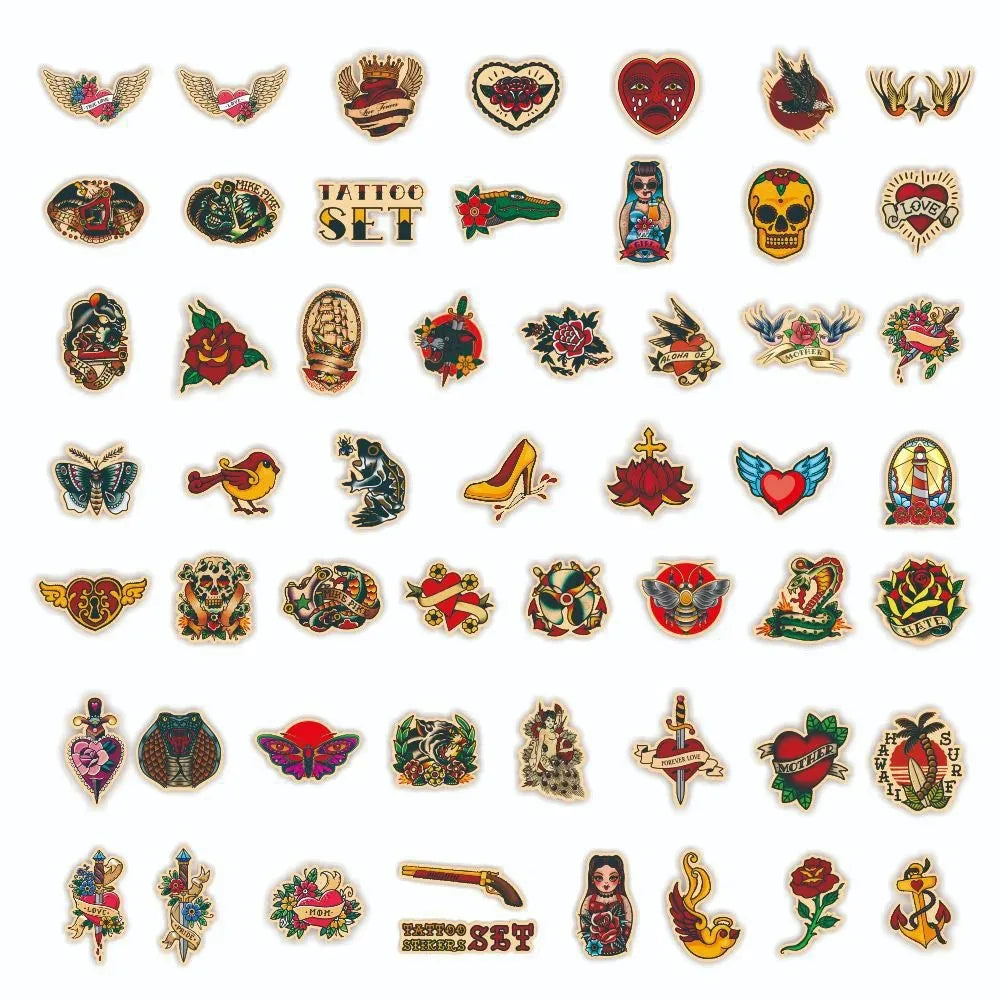 Retro Tattoo Sticker Pack – 10 to 100pcs Waterproof Graffiti Decals for Laptops, Skateboards, Luggage