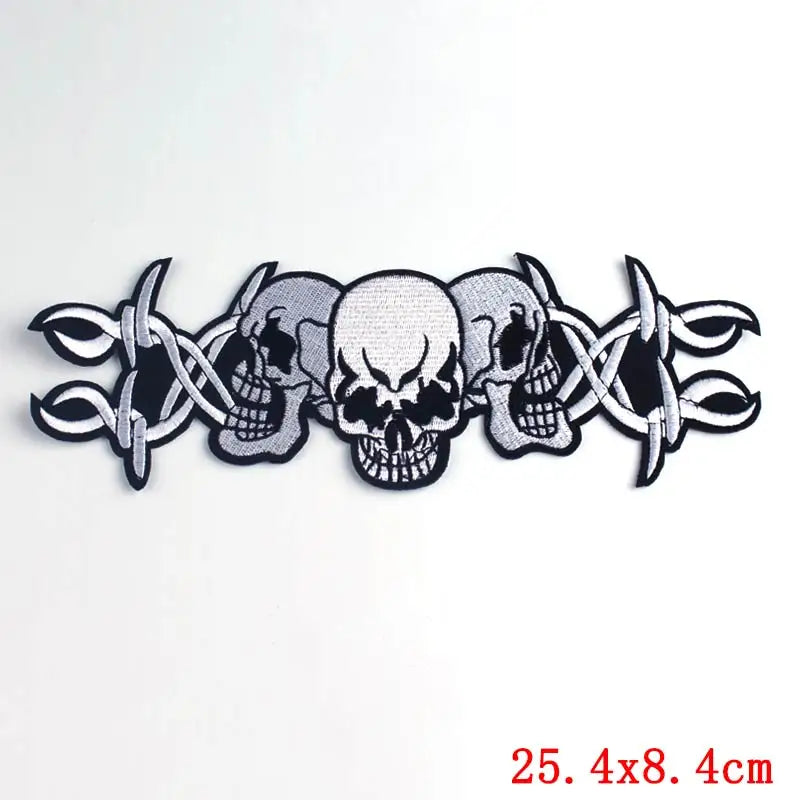 Skull and barbed wire design patch on a white background