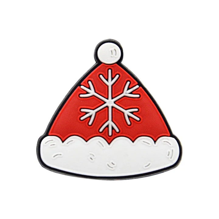 Shoe charm ornament of Red Santa hat-shaped keychain with a white snowflake design on a white background