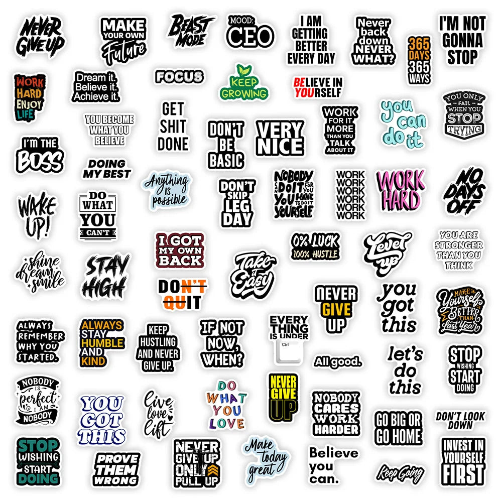 Collection of motivational stickers with various phrases on a white background