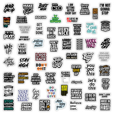 Collection of motivational stickers with various phrases on a white background