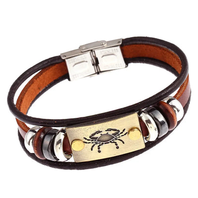 Bracelet with brown leather strap and metal accents on a white background
