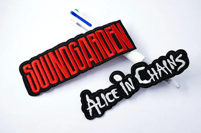 Two band patches, one for Soundgarden and one for Alice in Chains, on a white background.