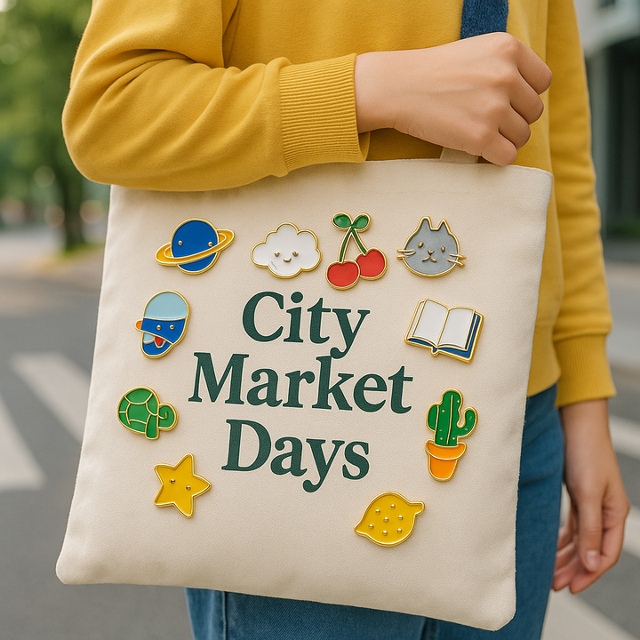 Person holding a tote bag with decorative pins and &
