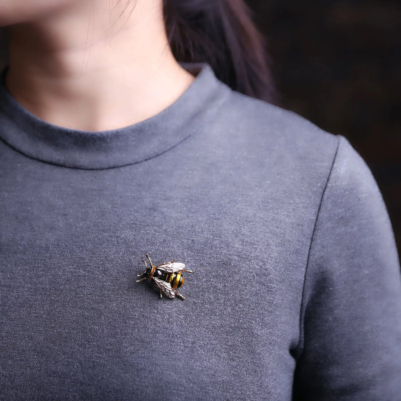 BROOCHITON Brooches a woman wearing a Yellow alloy oil honey bee brooch pin on a grey sweater