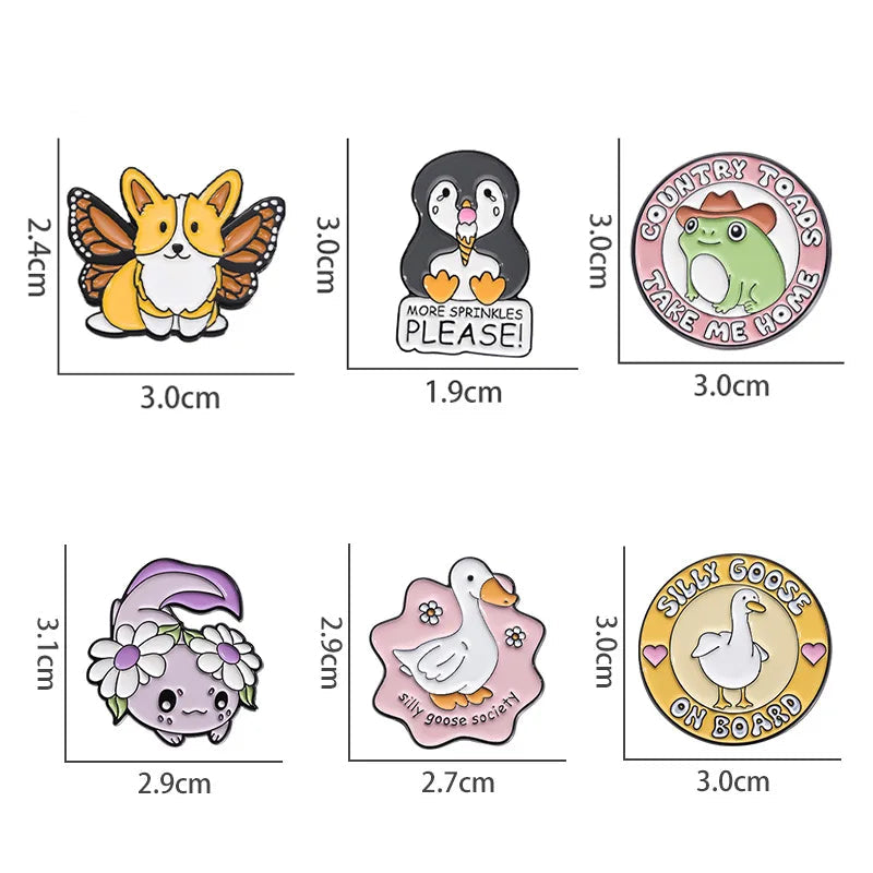 Set of cartoon animal pins with measurements and weights on a white background
