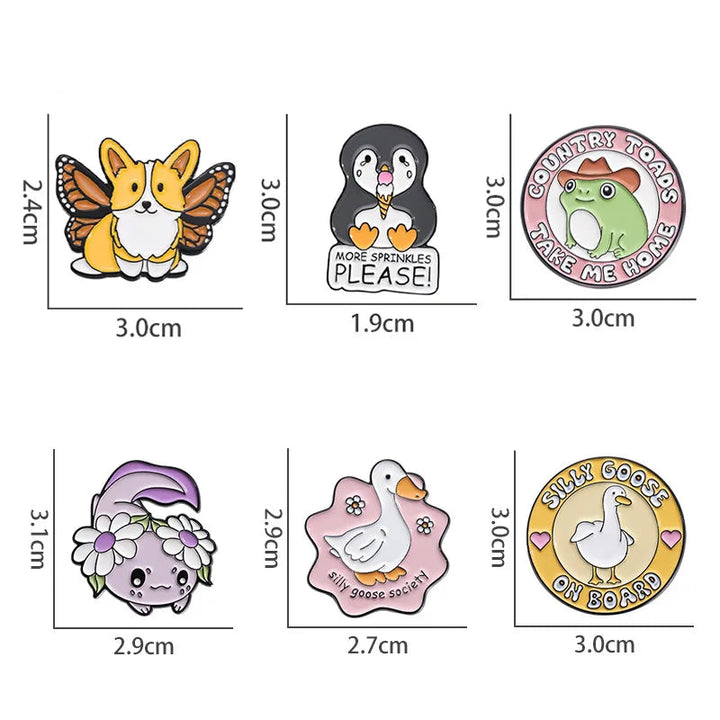 Set of cartoon animal pins with measurements and weights on a white background