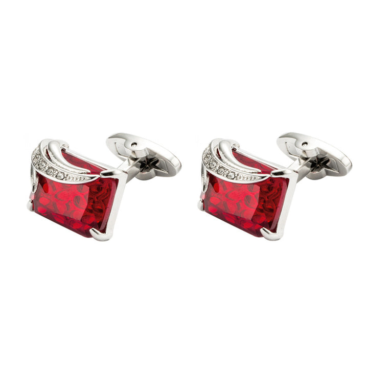 Red square gemstone cufflinks with silver detailing on a white background