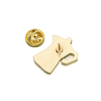 back of a coffee maker enamel pin  on a white background