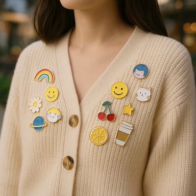 Person wearing a beige cardigan with various colorful pins on it.