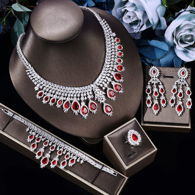 BROOCHITON Necklace earrings bracelet set Red Bridal Set 3A Zircon Necklace Earring Ring Four-piece Set