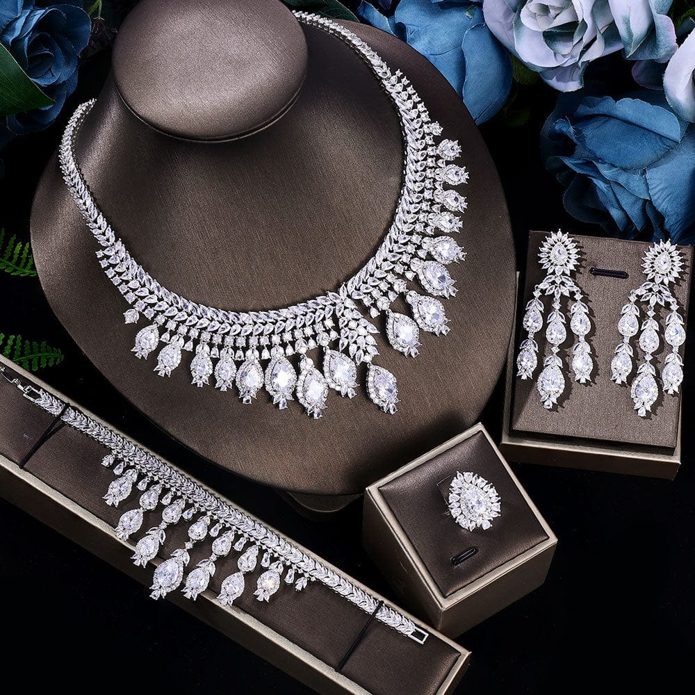 BROOCHITON Necklace earrings bracelet set White Bridal Set 3A Zircon Necklace Earring Ring Four-piece Set