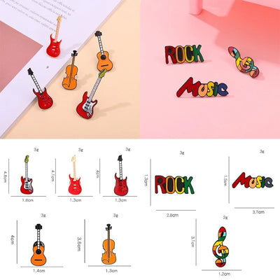 Colorful guitar, violin, and 'Rock Music' brooches with measurements on a pink and beige background.