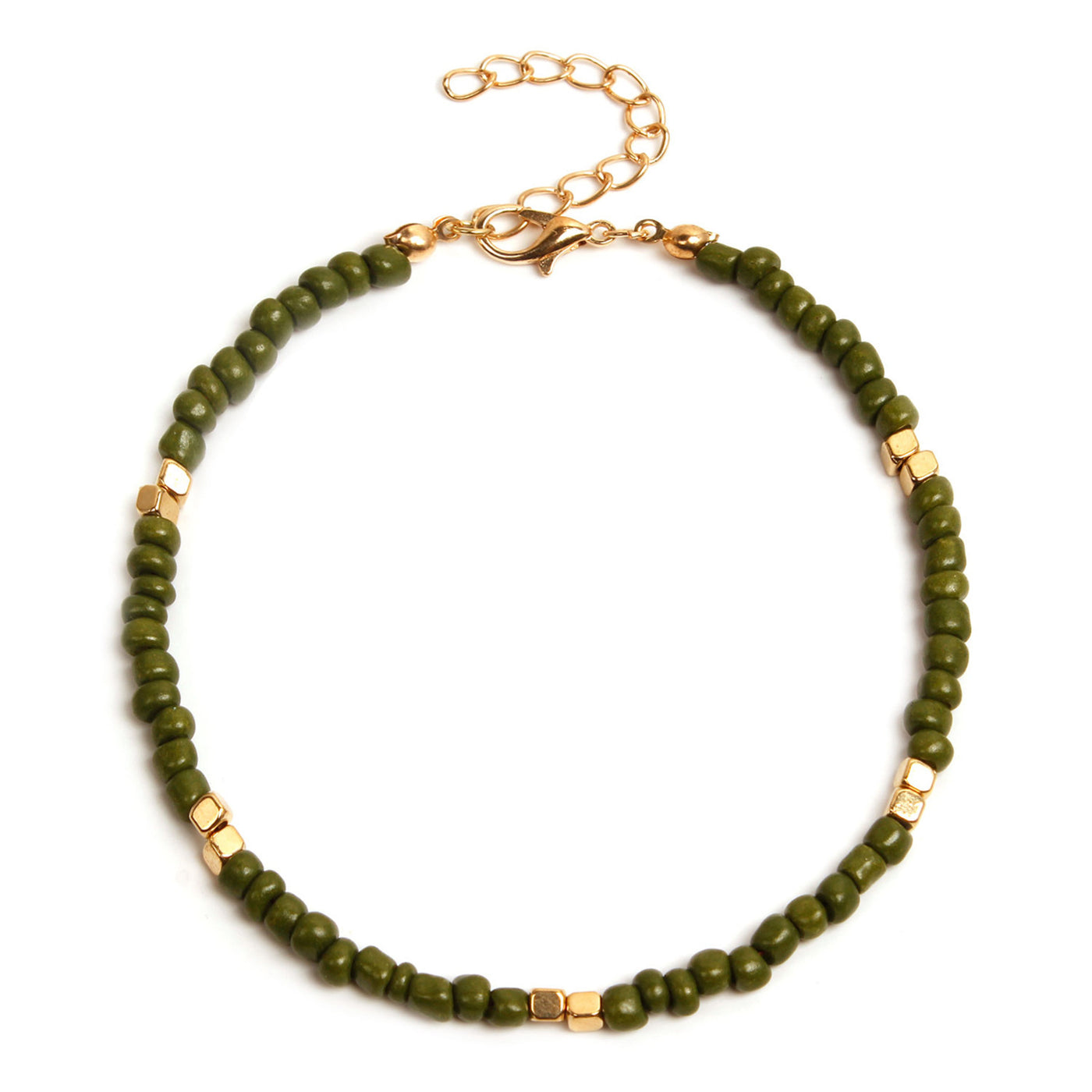 Green beaded anklet  with gold accents on a white background