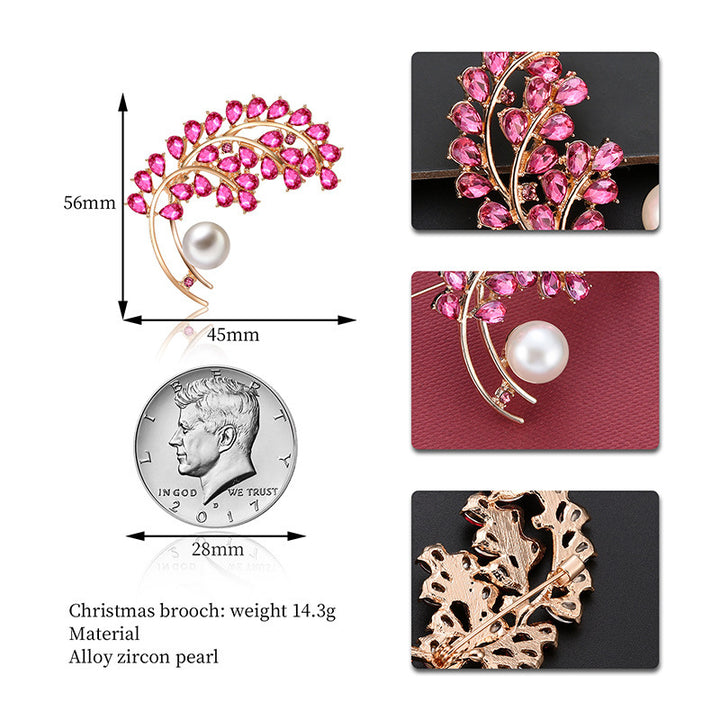 Pink floral brooch with pearl center, shown with measurements and material details.