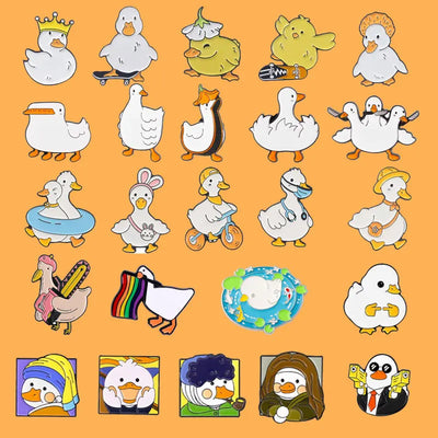 enamel pins of a cartoon duck in various poses and outfits on an orange background