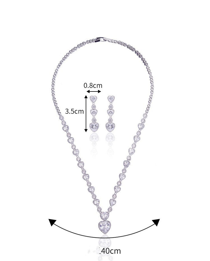 Jewelry set with necklace and earrings, showing dimensions on a white background