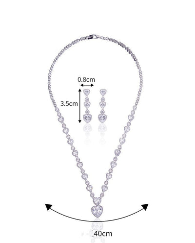 Jewelry set with necklace and earrings, showing dimensions on a white background