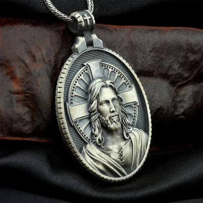 BROOCHITON Necklaces Silver Christian Jesus Men's Necklace close up view