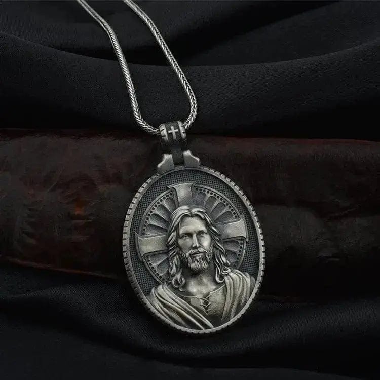 BROOCHITON Necklaces Silver Christian Jesus Men's Necklace on a black background 
