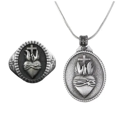 BROOCHITON Necklaces Sacred Heart Cross Necklace Ring Set