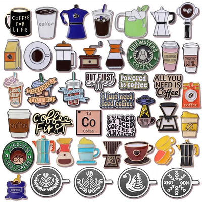 Collection of coffee-themed enamel pins on a white background