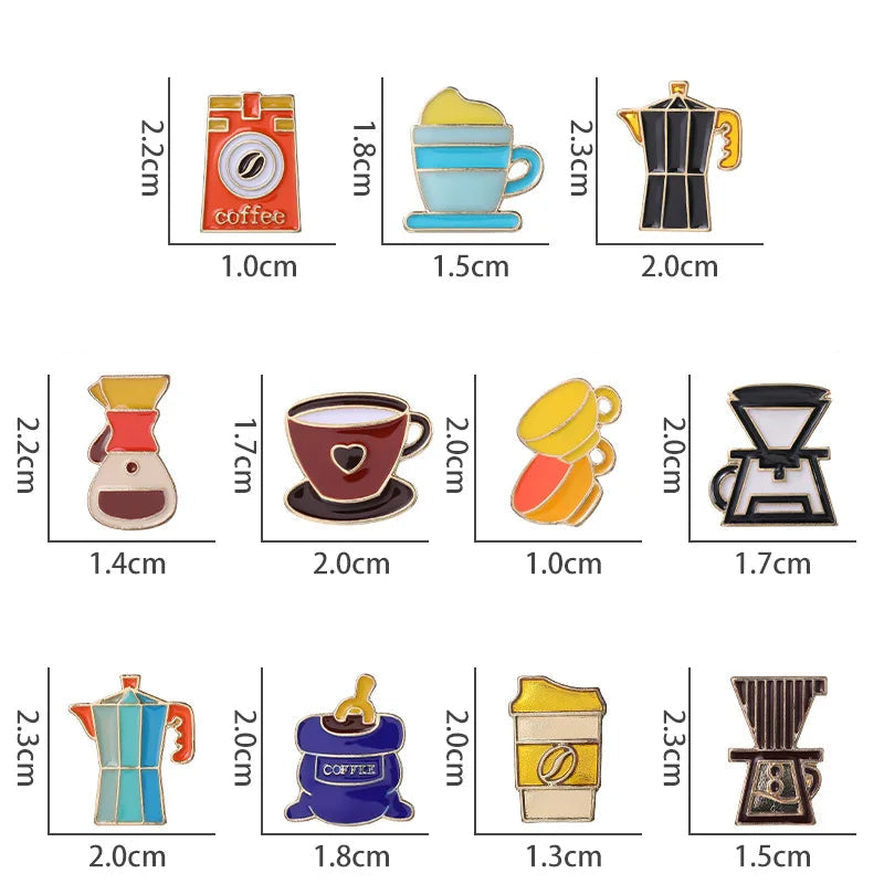Collection of coffee-themed pins with measurements on a white background