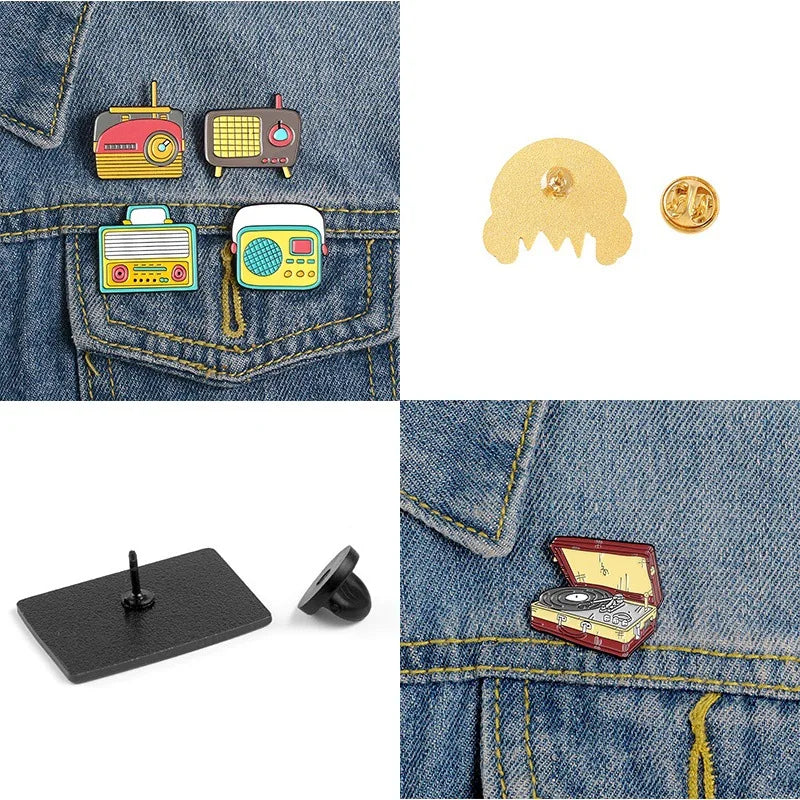 Collection of colorful radio-themed pins on a denim jacket, with a stand and back of pins displayed.