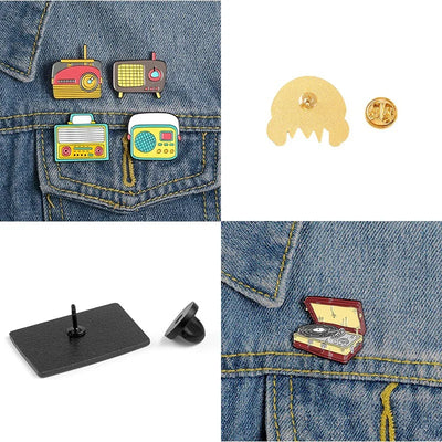 Collection of colorful radio-themed pins on a denim jacket, with a stand and back of pins displayed.