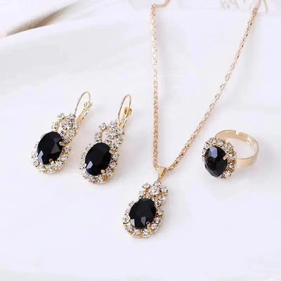 BROOCHITON Necklaces Black Crystal Necklace Earrings Ring Set