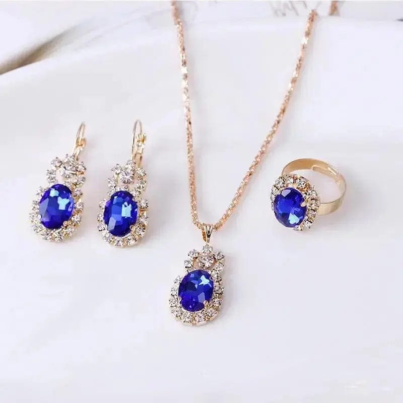 BROOCHITON Necklaces Blue Crystal Necklace Earrings Ring Set