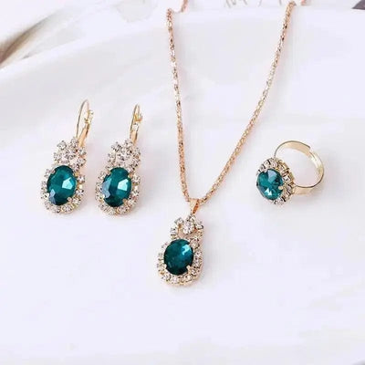 BROOCHITON Necklaces Green Crystal Necklace Earrings Ring Set
